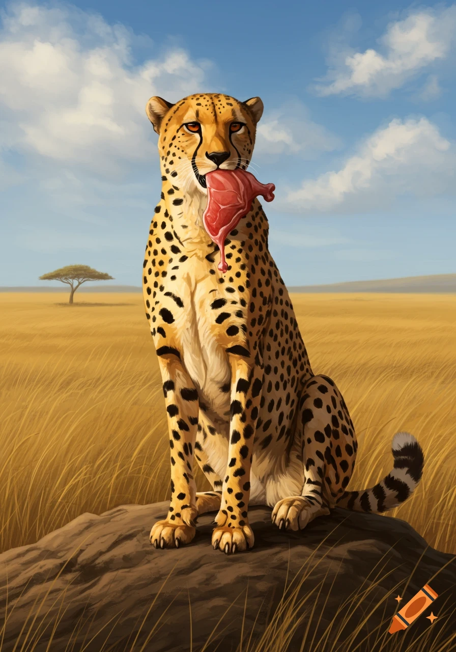 A cheetah sits on a rock in a golden savanna, holding a bloody chunk of raw meat in its mouth under a blue sky. Digital painting.