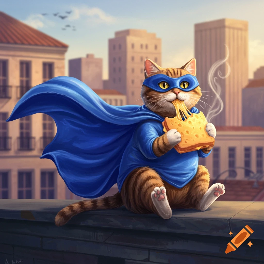 A tabby cat dressed as a superhero with a blue mask and cape sits on a city rooftop, eating a very cheesy sandwich.