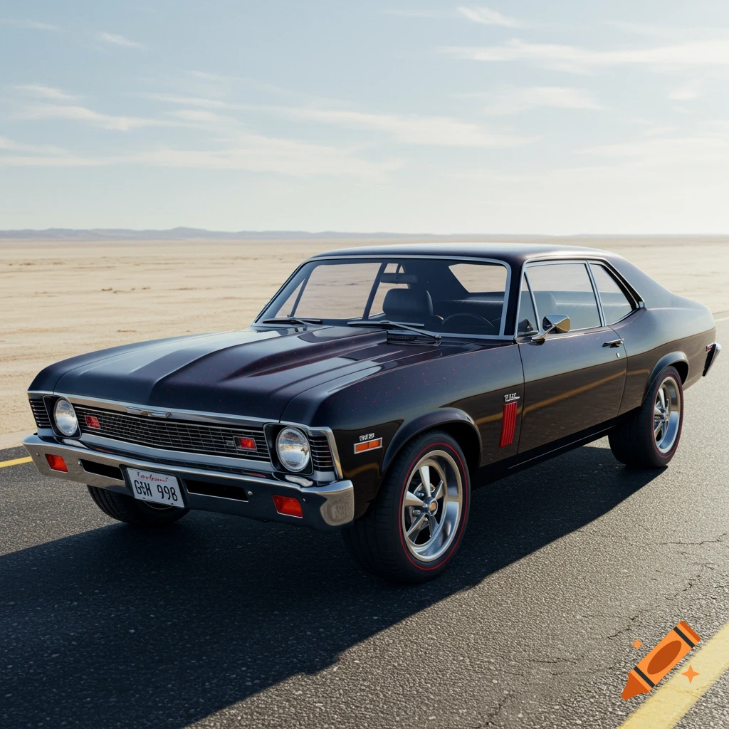 A black 1971 Chevrolet Nova classic car with a red stripe parked on a desert road under a blue sky.