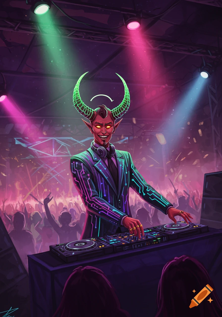 A grinning red-skinned devil with neon green horns and eyes DJs at a cyberpunk rave, wearing a circuit-patterned suit.