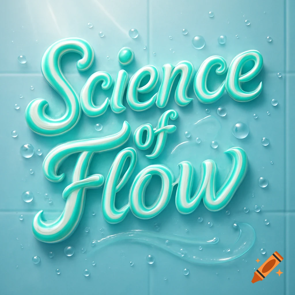3D rendered text 'Science of Flow' resembling toothpaste, with water droplets and splashes on a light blue tiled surface.