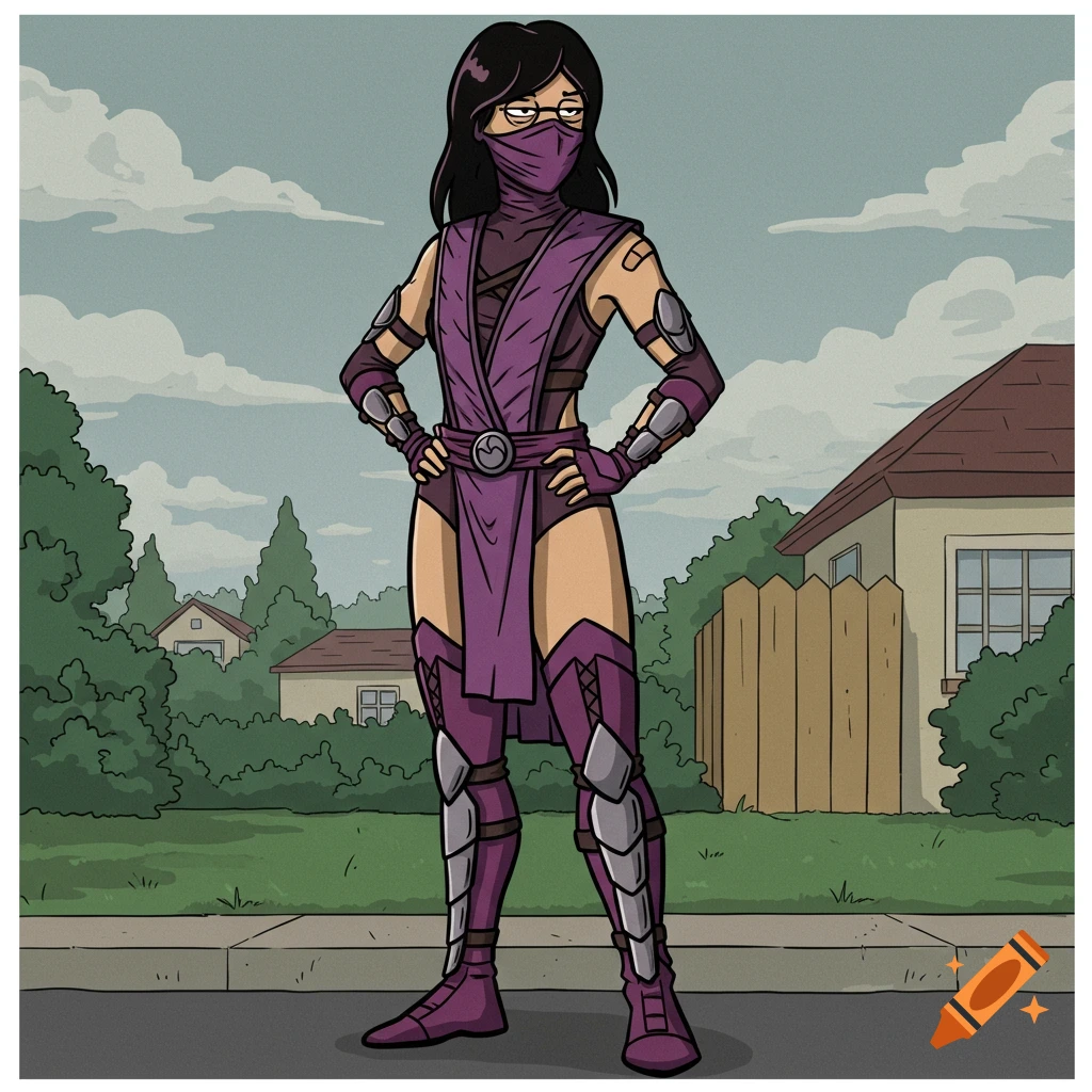 A cartoon drawing of Mileena from Mortal Kombat, wearing her purple ninja  outfit and mask, standing on a sidewalk in a suburban neighborhood. on  Craiyon, image size:1024x1024