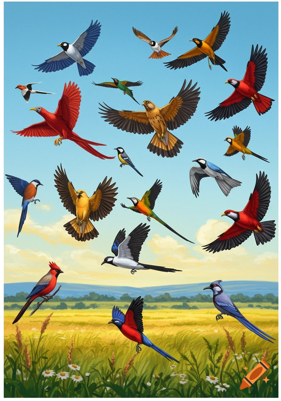 An illustration featuring numerous colorful wild birds flying and perched over a golden field under a blue sky.