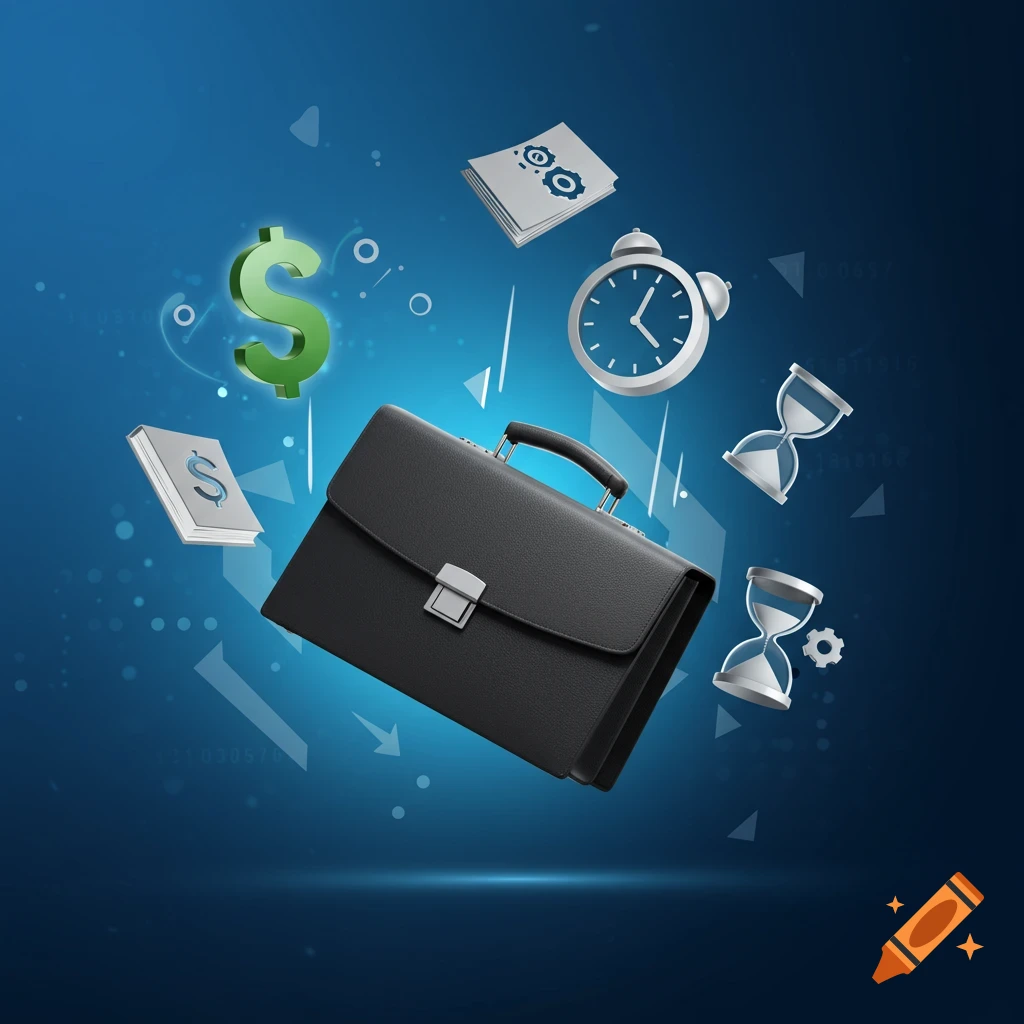 A black briefcase surrounded by a green dollar sign, a silver clock, two silver hourglasses, and papers with a gear and a dollar sign, all against a blue professional background.