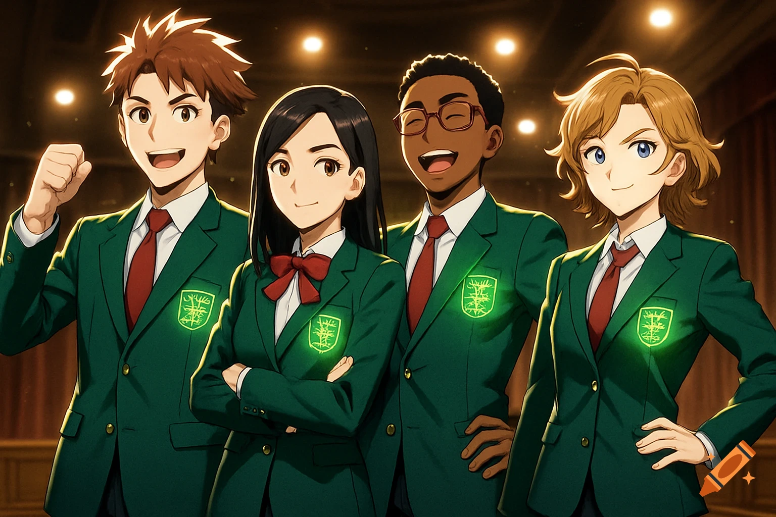 Four anime-style students in green suits with glowing emblems pose together.