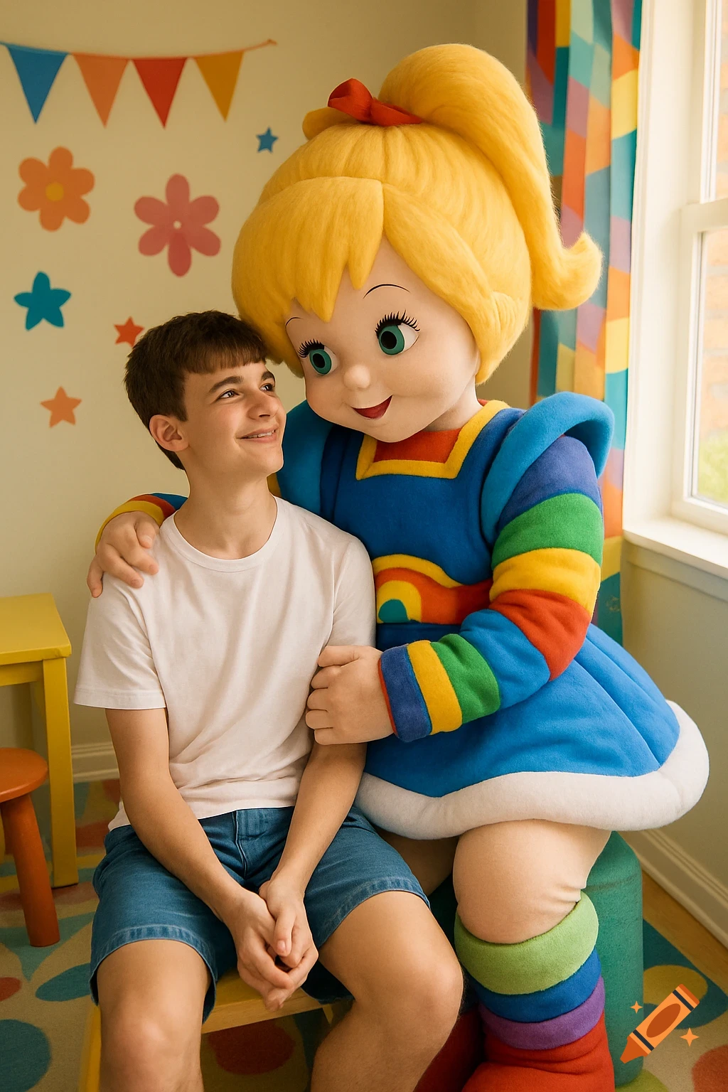 A smiling teenage boy in a white t-shirt and blue shorts is embraced by a Rainbow Brite mascot in a bright, colorful room.