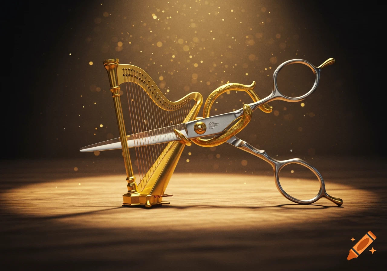 A golden harp and silver hair styling scissors with gold accents are dramatically lit on a dark wooden surface with sparkling bokeh lights in the background.