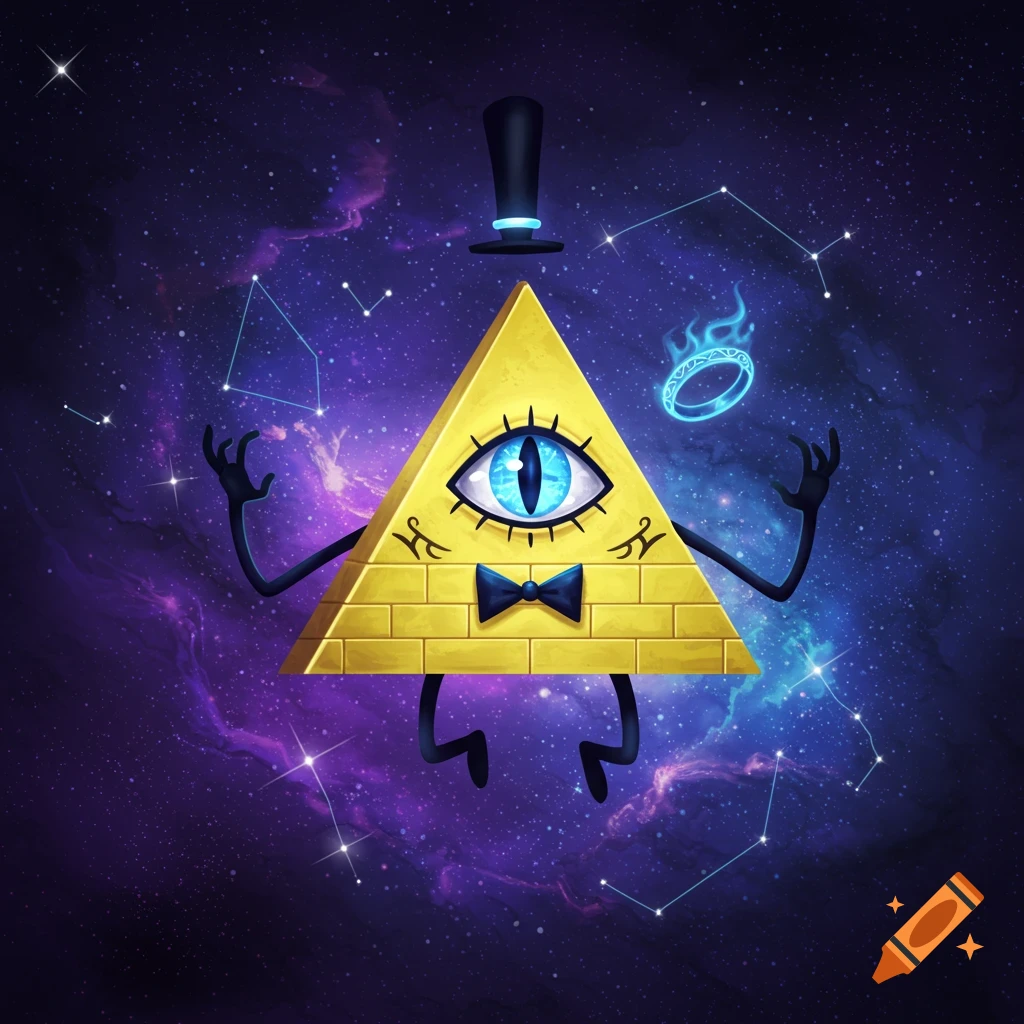 Bill Cipher, a yellow pyramid with an eye, top hat, and bowtie, floats in a purple and blue galaxy with stars and glowing blue constellations.