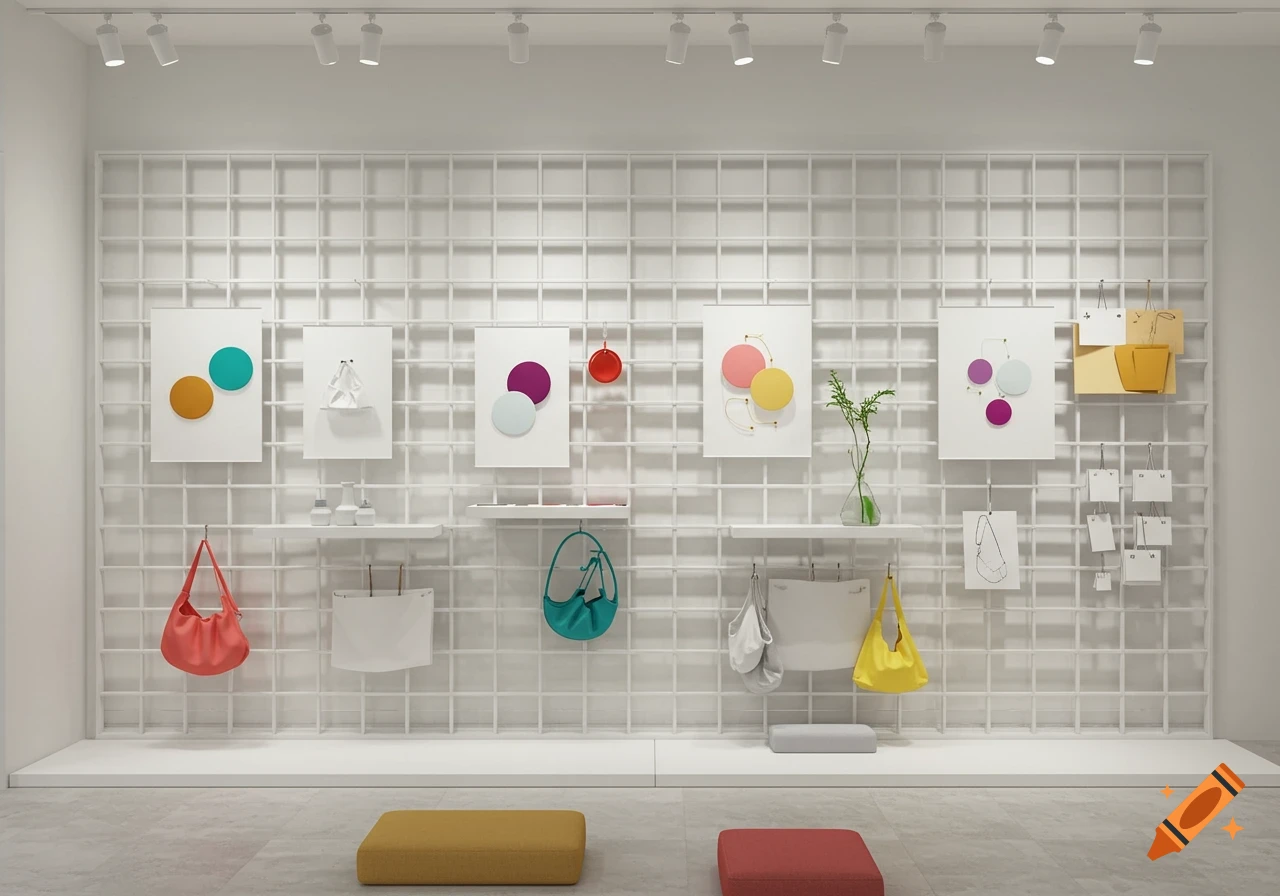 A minimalist retail store display featuring a white grid wall with colorful handbags, abstract art prints, and shelves with decorative items. Two cushions sit on the floor.
