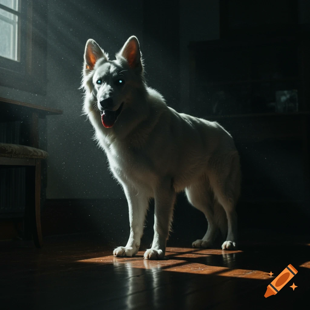 A photorealistic white German Shepherd dog with glowing eyes stands in a dark, dust-filled room with light rays.