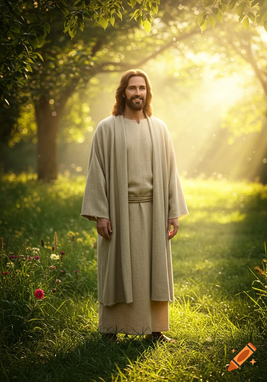 A smiling man resembling Jesus with long brown hair and beard stands in a sunlit field wearing a beige robe.