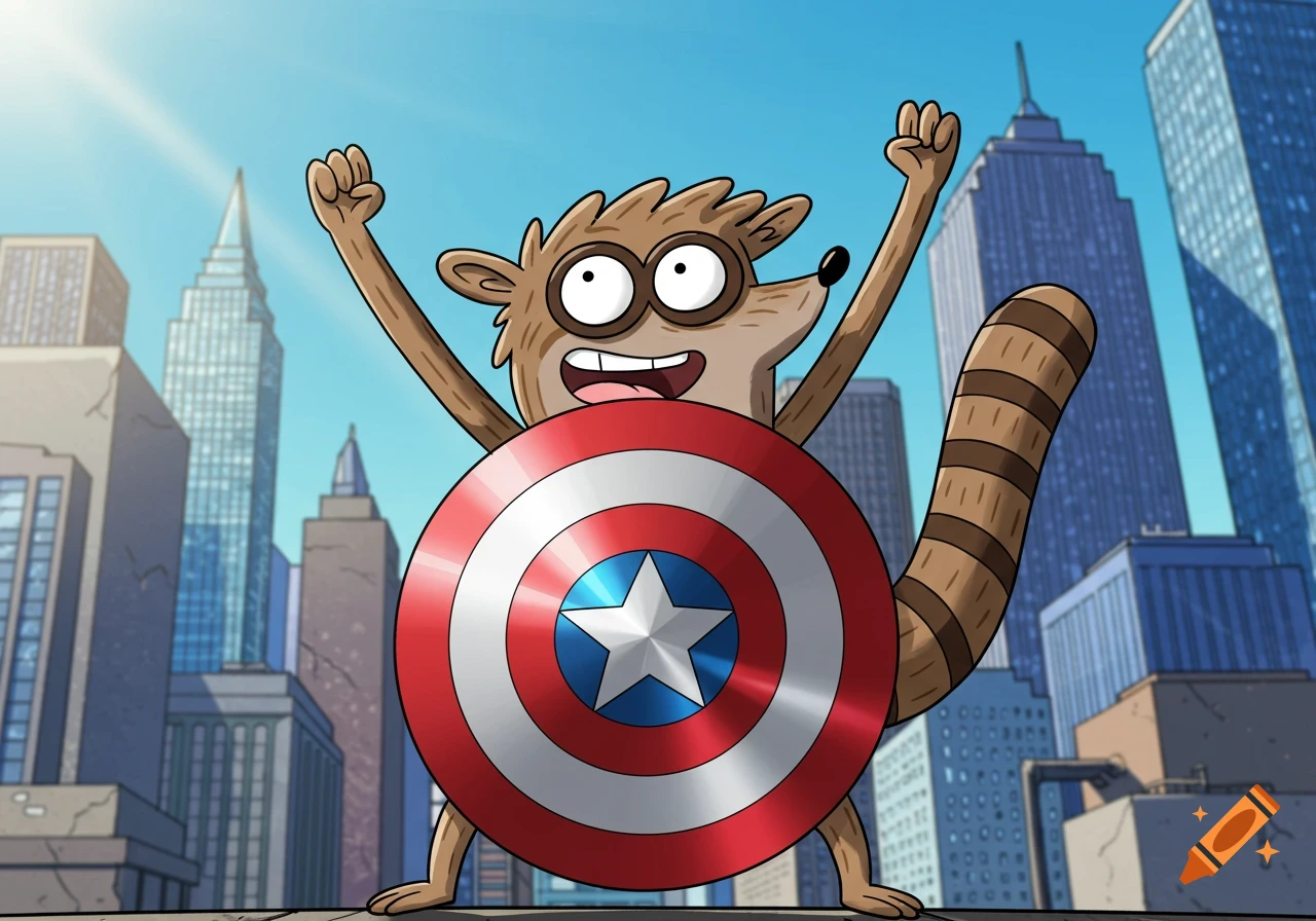 Rigby, a cartoon raccoon-like character, holds a Captain America shield with arms raised in front of a city skyline.