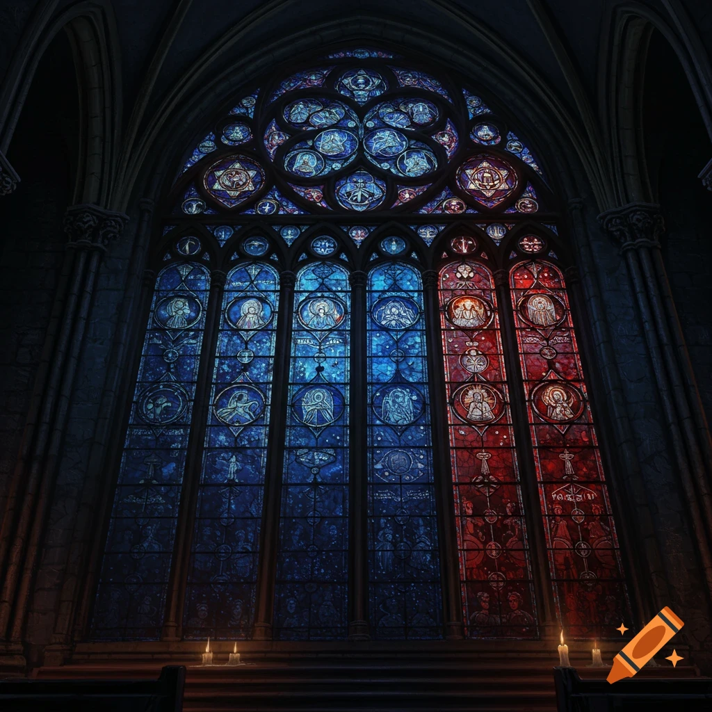 A dark gothic cathedral interior featuring a large, ornate stained glass window in blues and reds, with two lit candles on a bench.