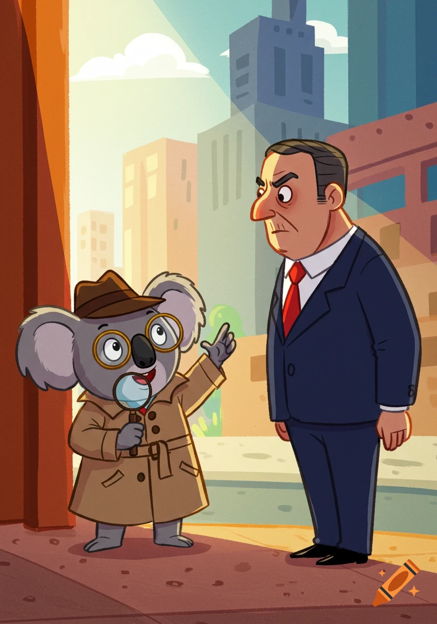A cartoon koala detective in a trench coat and glasses points while a serious man in a suit listens on a city street.