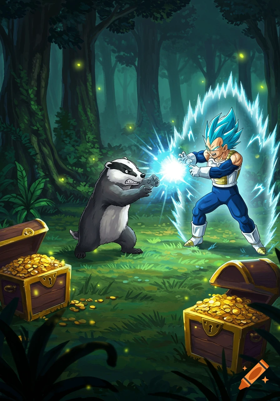 A cartoon of Vegeta and a badger firing energy blasts at each other in a forest with treasure chests.