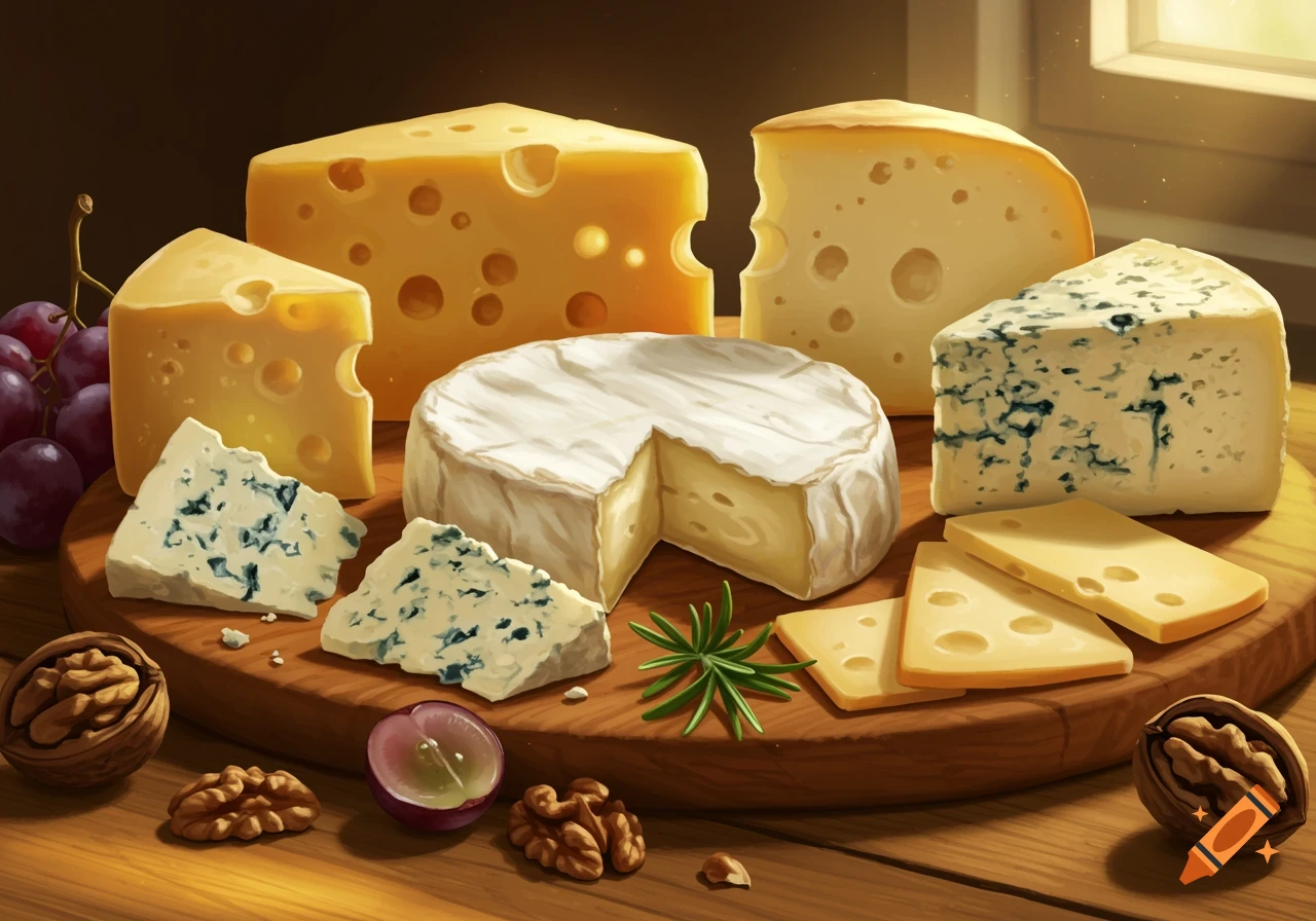 A variety of cheeses, grapes, and walnuts arranged on a wooden cheese board with light from a window in a realistic style.