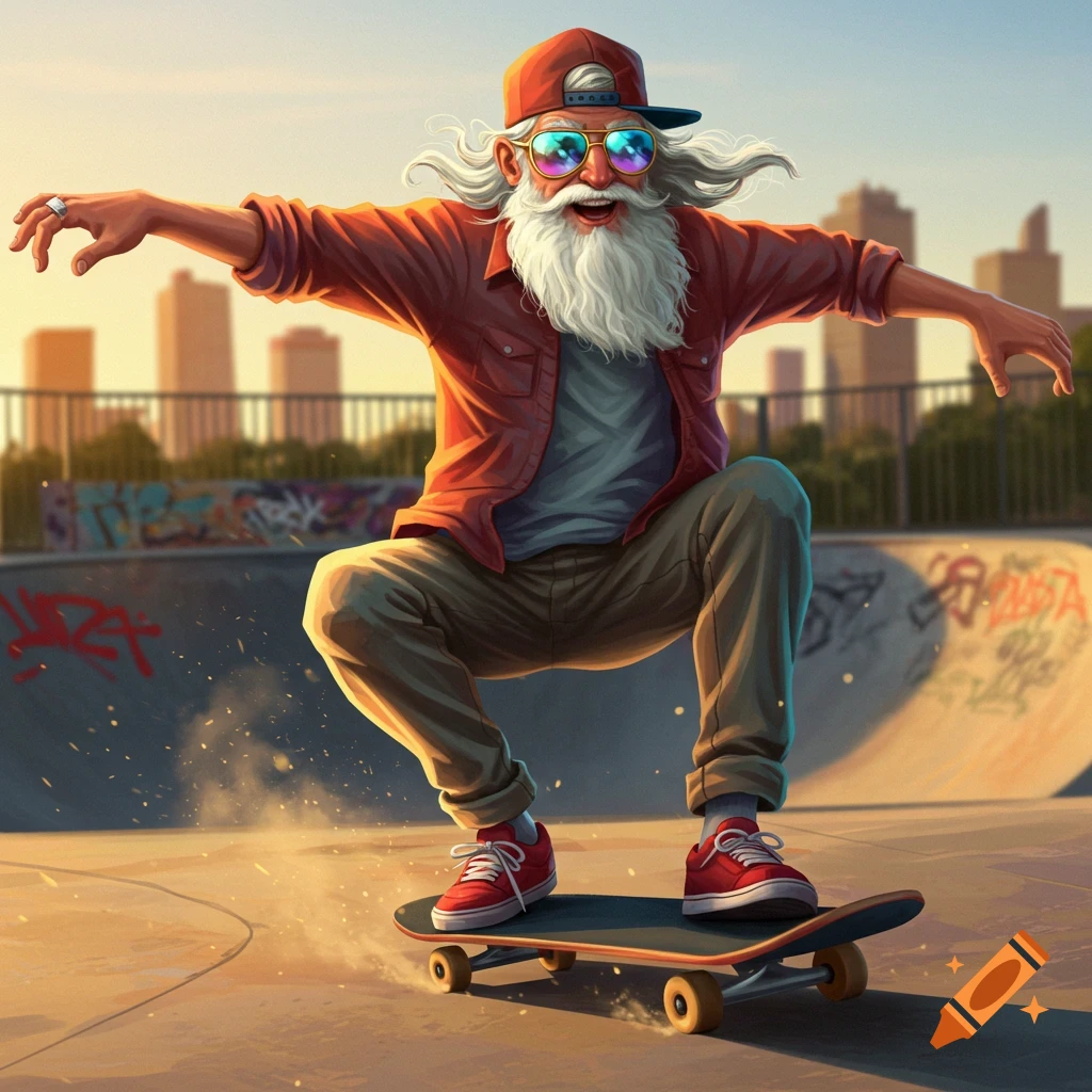 An old man with a white beard and sunglasses on a skateboard in a sunny skatepark.