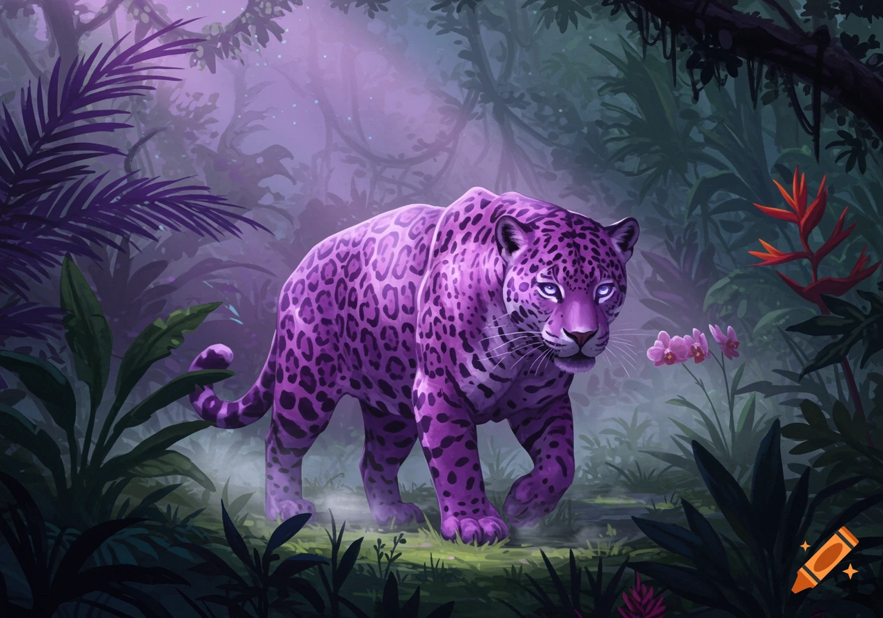 A vivid purple jaguar with bright eyes walks through a mystical, lush jungle, illustrated.