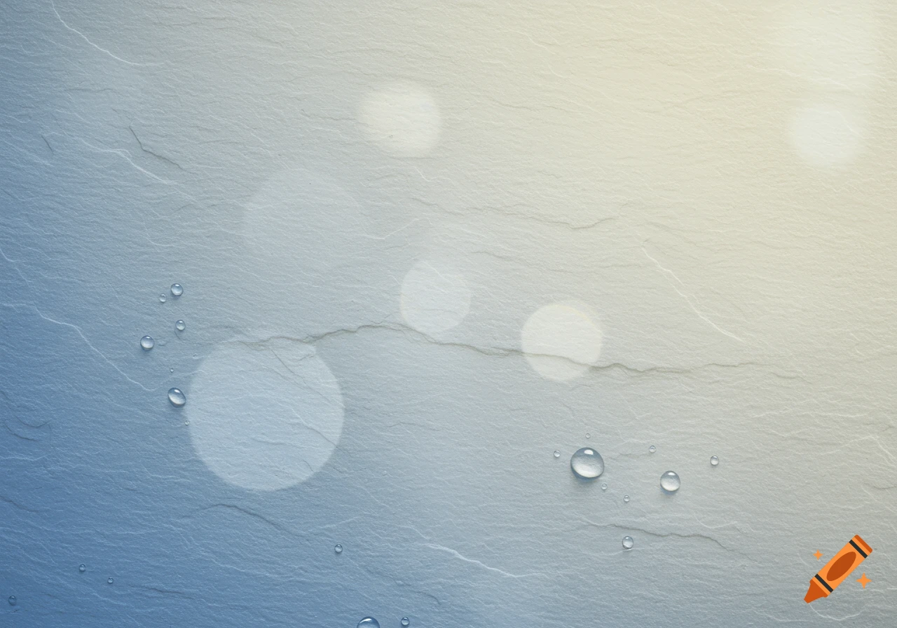 A light slate background with a blue-to-yellow gradient, featuring several clear water droplets and soft, out-of-focus light blurs.