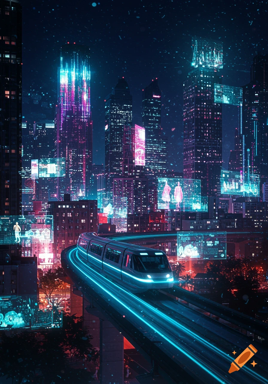 A futuristic city at night, illuminated by vibrant blue and pink neon lights, with a sleek monorail speeding along an elevated track.