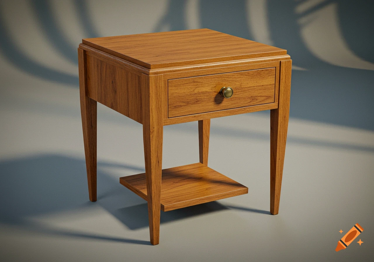 A photorealistic art deco quarter sawn oak end table with one drawer and tapered legs.