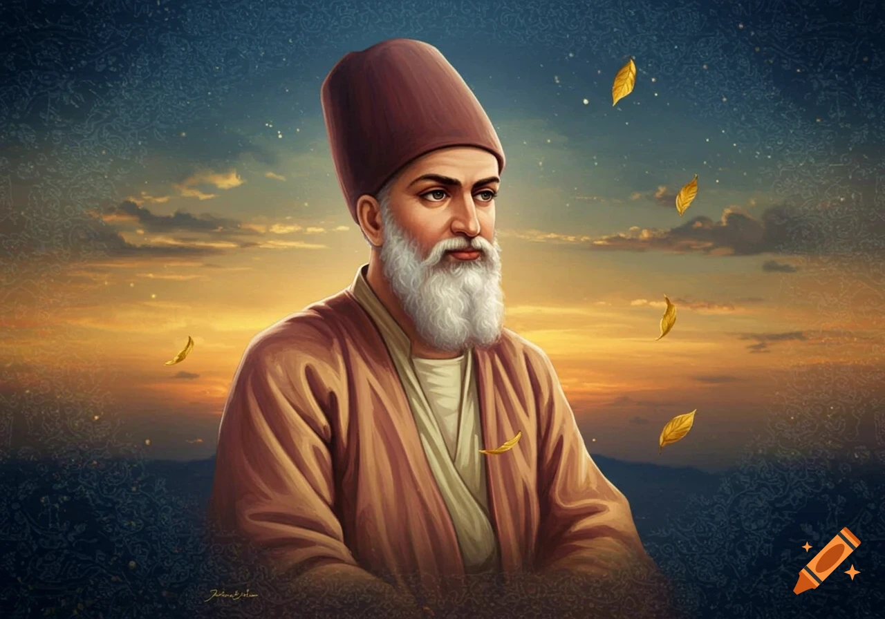 Portrait of a bearded man in a traditional hat against a colorful sunset sky with falling leaves.