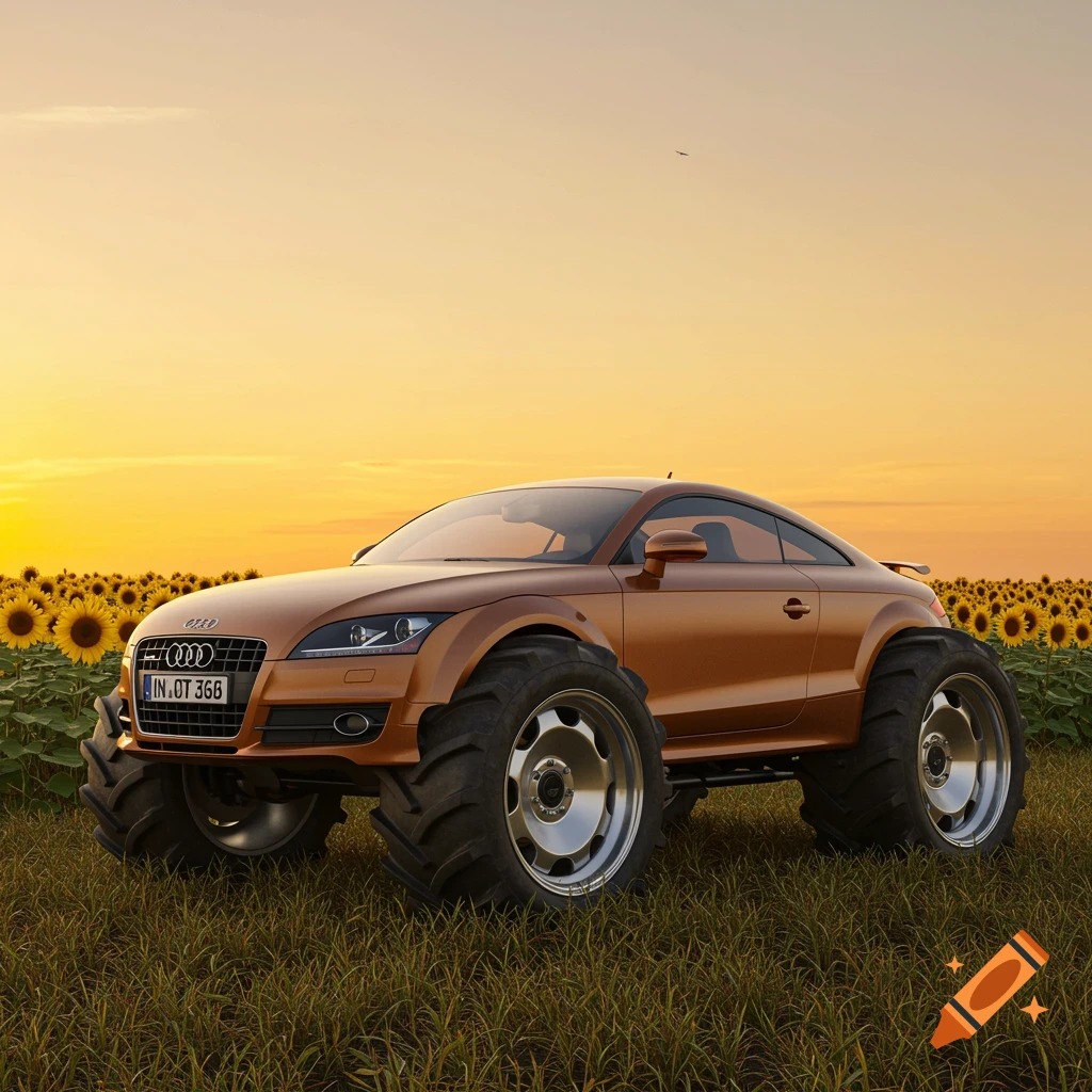 An orange Audi TT modified with large tractor wheels drives through a field of sunflowers under a warm sunset sky, photorealistic.