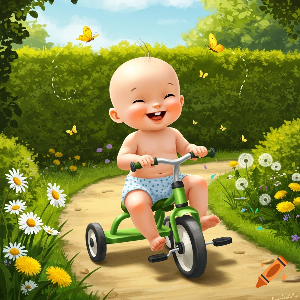 A happy, bald baby with one tooth rides a green tricycle on a sunny dirt path through a vibrant garden with flowers and butterflies.