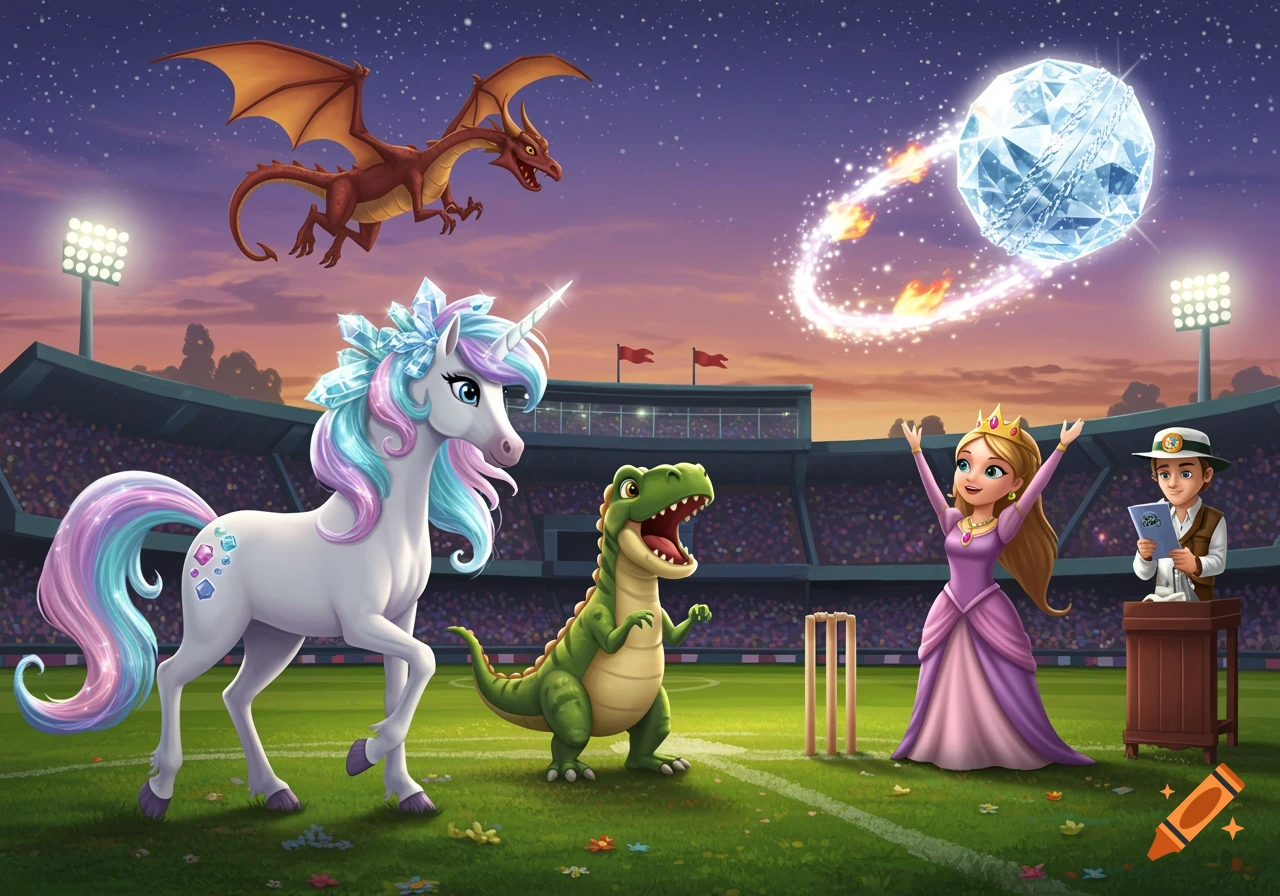 A cartoon scene of a unicorn, dinosaur, and princess on a cricket field at twilight, with a dragon flying above and a sparkling cricket ball in the sky.