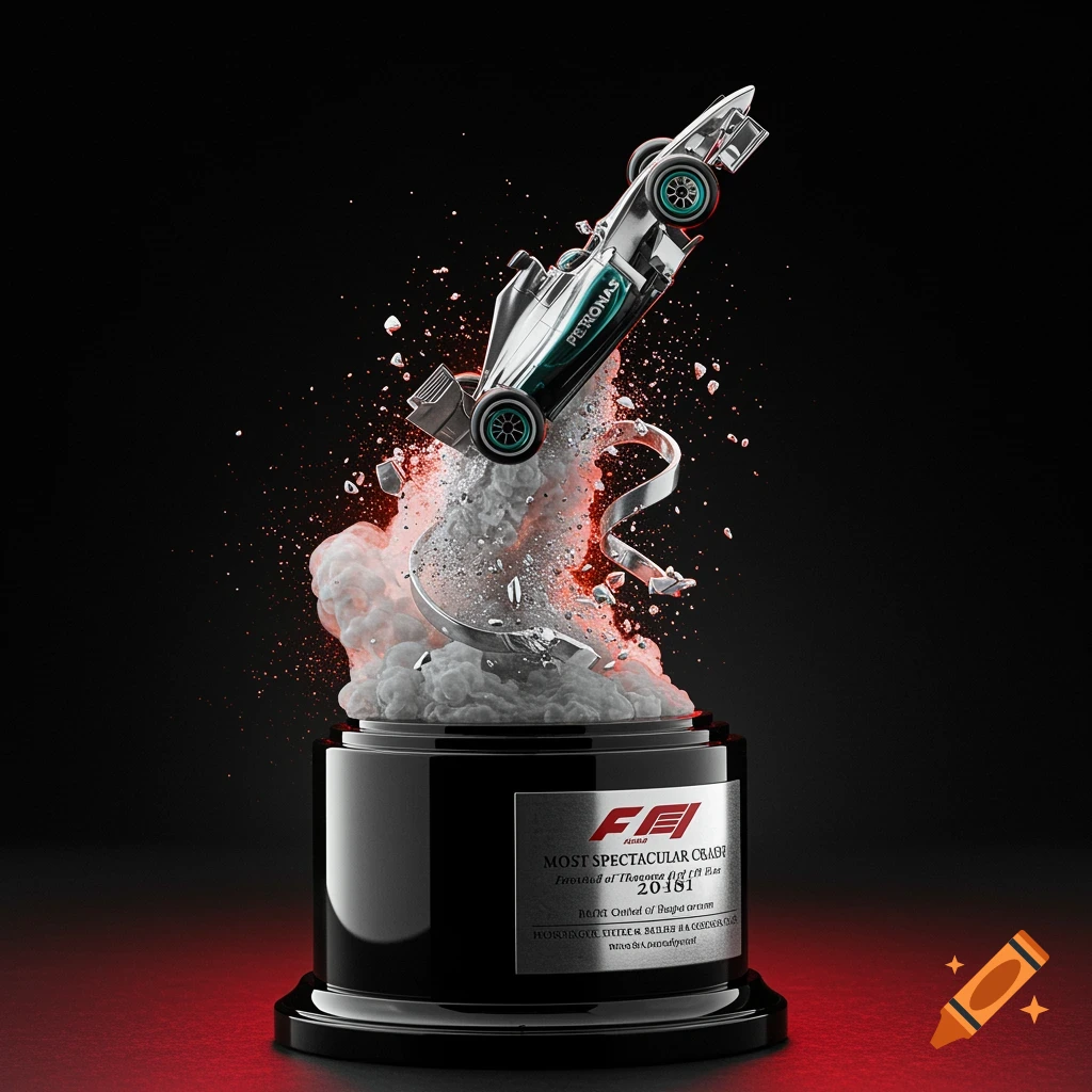 A photorealistic trophy with a Formula 1 car crashing out of it, surrounded by smoke and debris, on a black background.