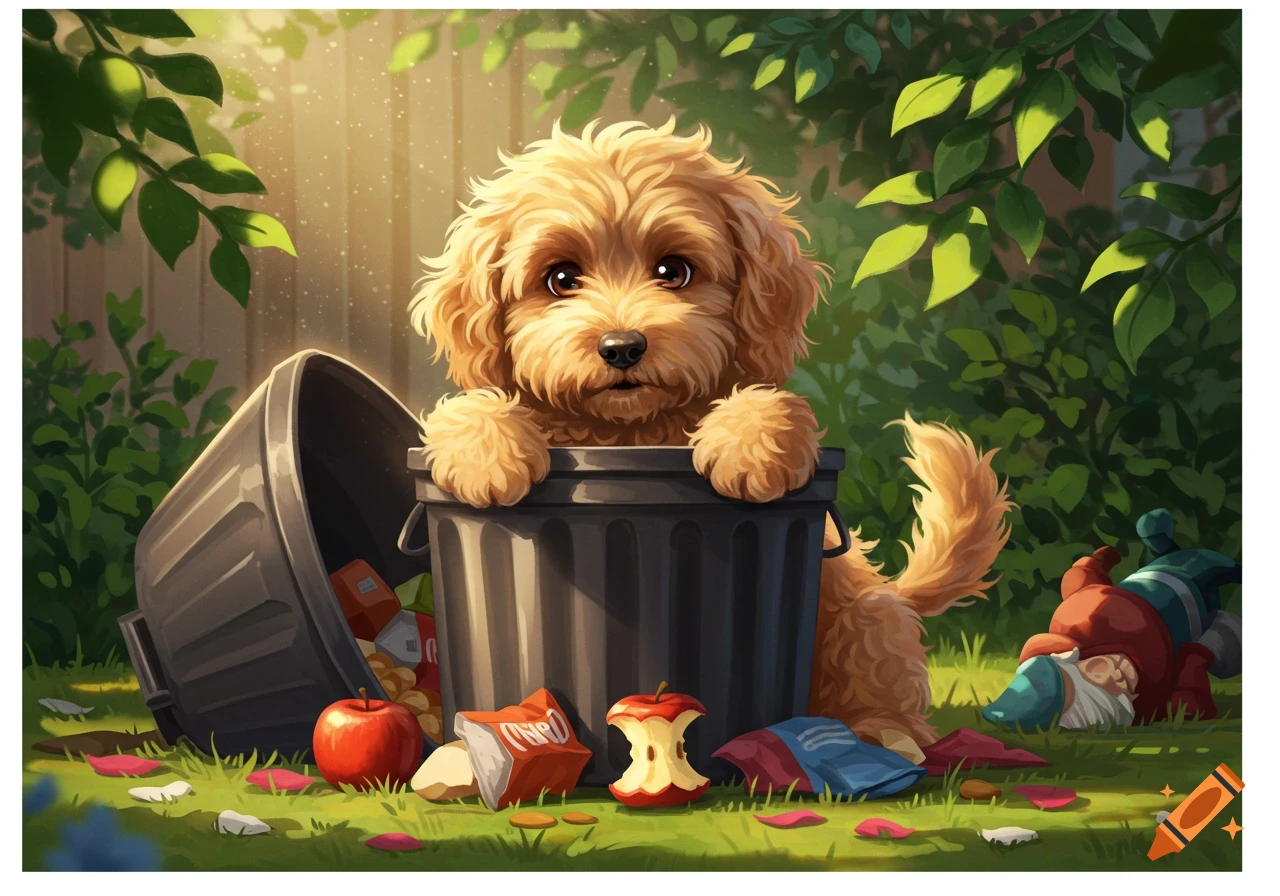 An illustrative image of a cute goldendoodle puppy peering out of a black trash can, surrounded by spilled garbage and a fallen garden gnome in a sunny outdoor setting.