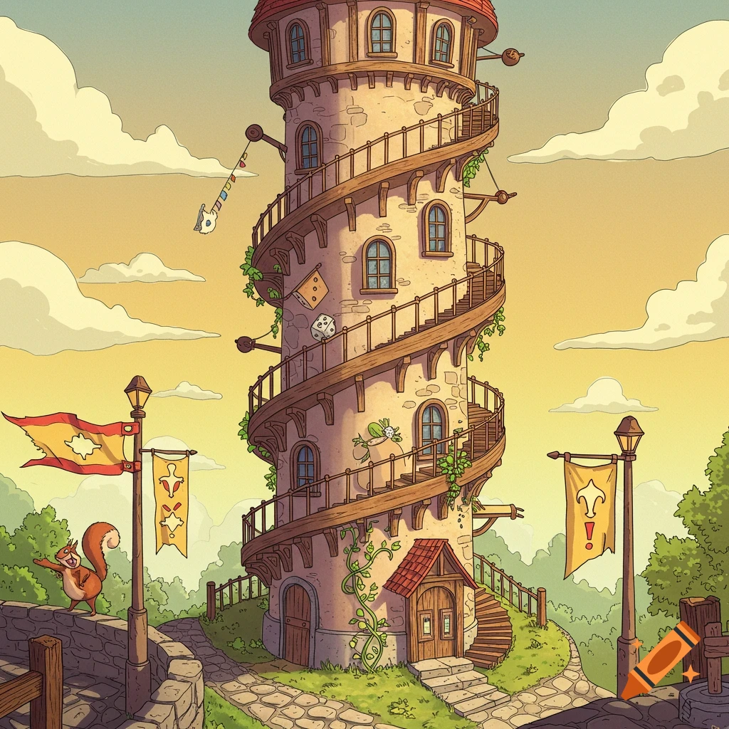 Whimsical illustration of a tall, winding tower with a squirrel, flags, and a spiral staircase at sunset.