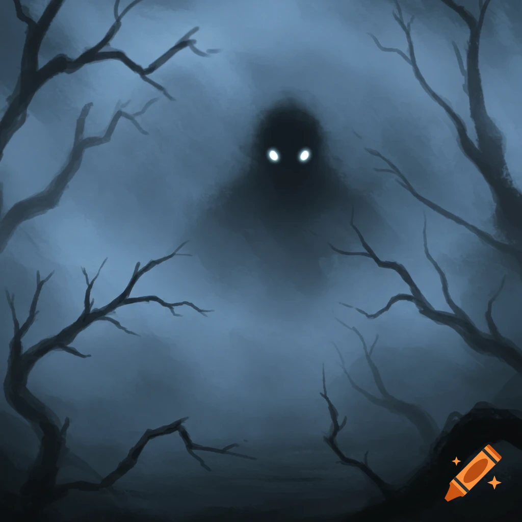A spooky silhouette of a creature with glowing eyes peers through a dark, misty forest with bare trees, digital art.