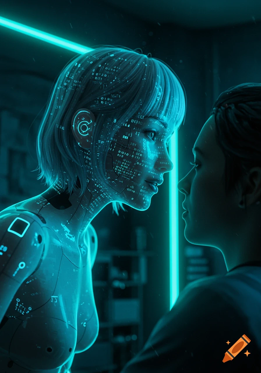 A futuristic glowing humanoid AI figure with circuitry and digital code on its face looks closely at a human, who is seen in profile.