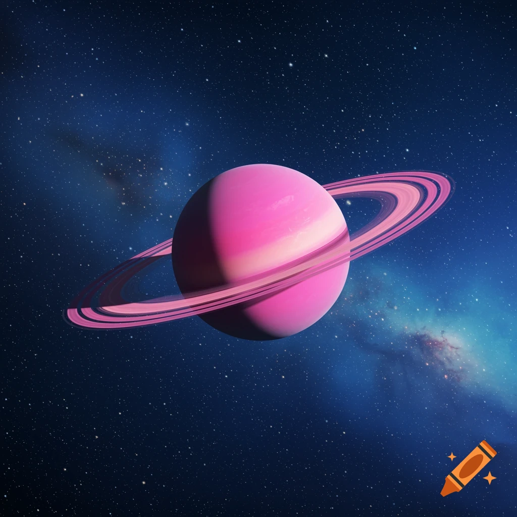 A pink, ringed planet resembling Saturn floats in a deep blue and purple starry galaxy.