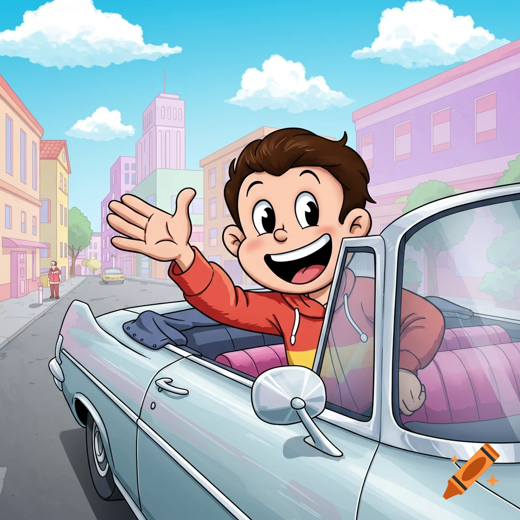 A cheerful cartoon boy in a red hoodie waves from a light blue convertible driving down a city street.