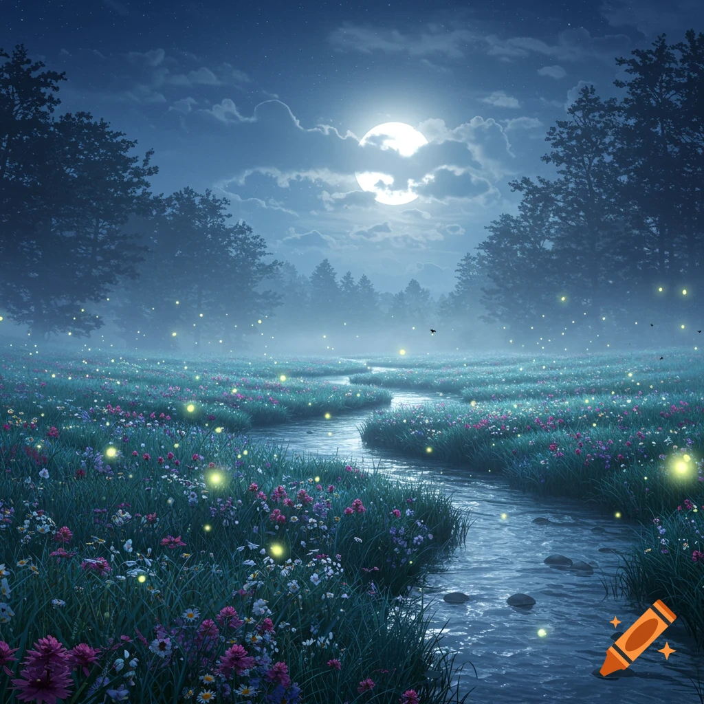 A serene moonlit meadow with a winding stream, blooming flowers, and glowing fireflies under a cloudy night sky.