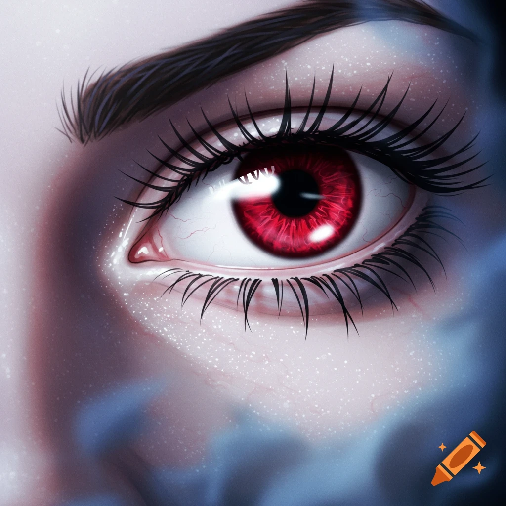 A close-up anime-style drawing of a vampire's eye with a bright red iris and long eyelashes.