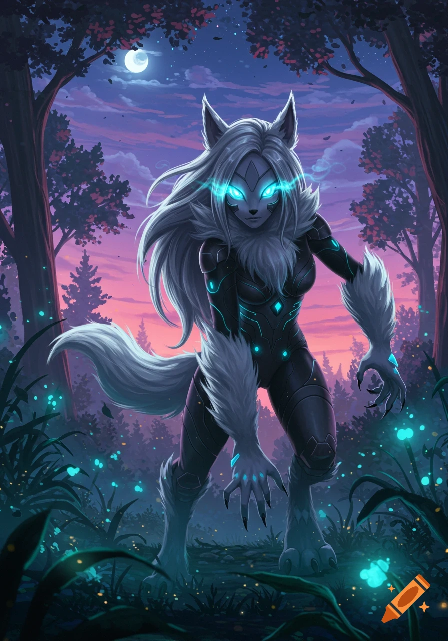 A stylized white-furred werewolf character with glowing blue eyes and a dark armored suit stands in a dark forest at night.
