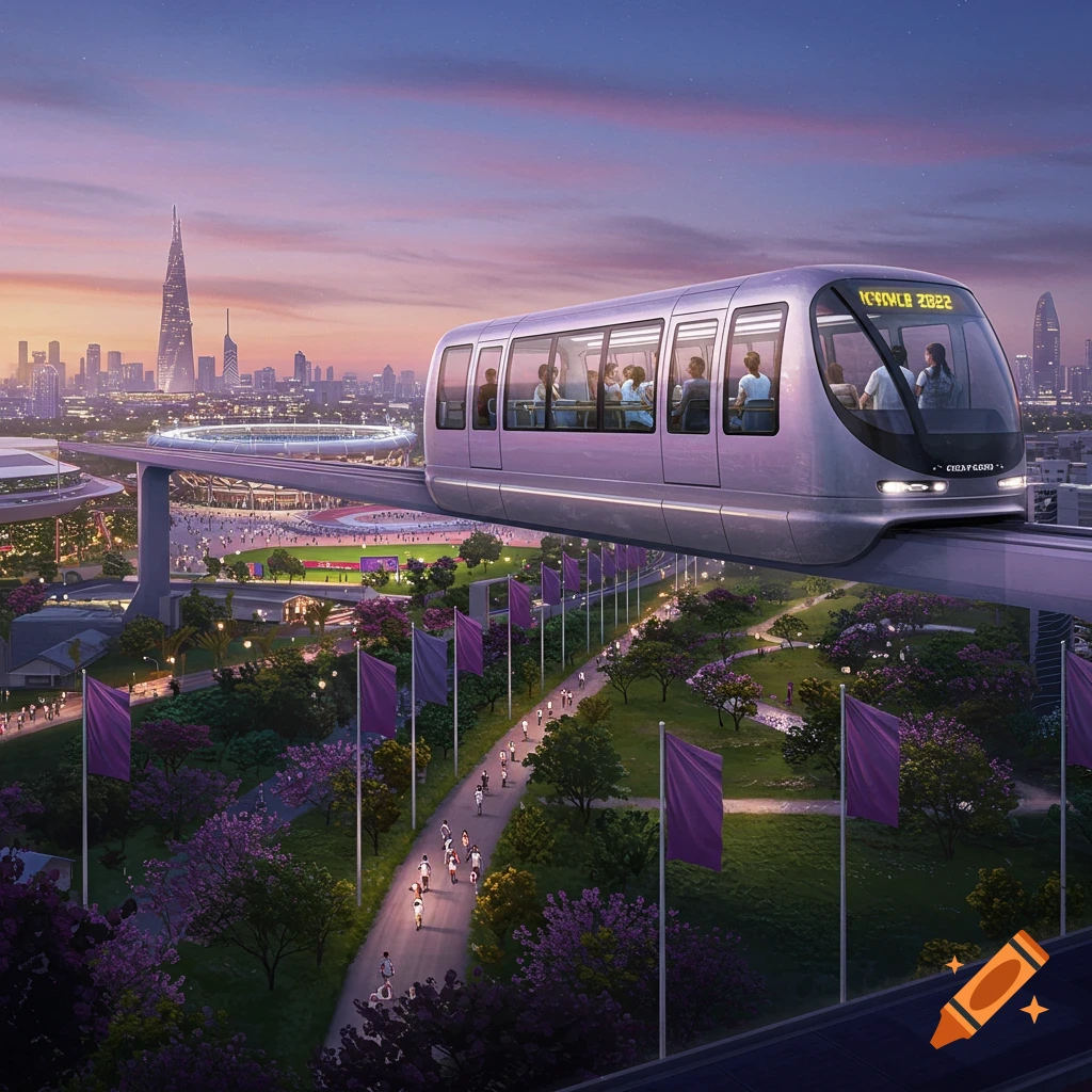 A futuristic monorail glides over a lush park with purple flags towards a gleaming cityscape under a vibrant sunset sky.