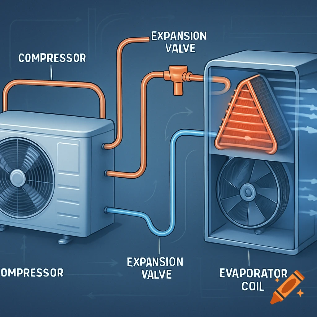 A detailed diagram illustrating the refrigeration cycle of a residential air conditioning unit, showing components like the compressor, expansion valve, and evaporator coil with orange and blue pipes.