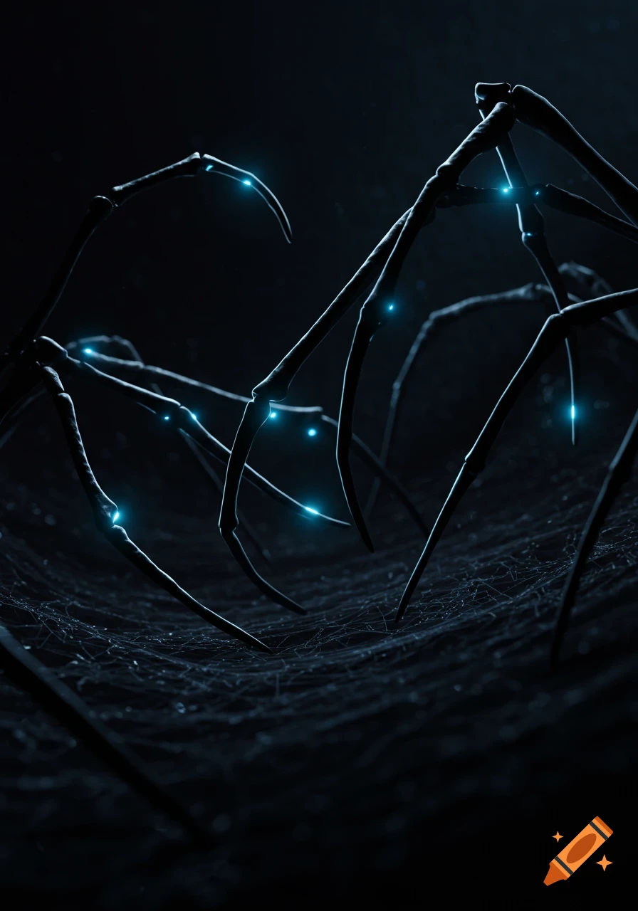 Close-up of dark, skeletal spider limbs with glowing blue tips, resting on a subtle web against a black background.