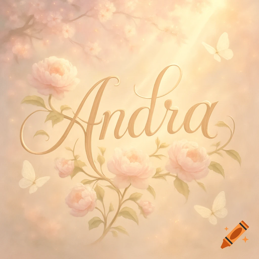 The name "Andra" in golden script surrounded by pink peonies and white butterflies in a soft, dreamlike setting.