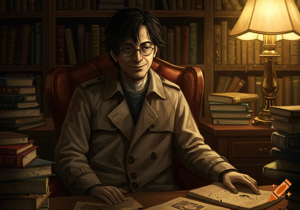 A man with dark hair and glasses, wearing a trench coat, sits at a wooden desk surrounded by stacks of books in a warmly lit library, in a digital art style.