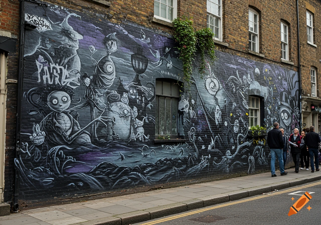 A detailed, dark-toned mural in the surreal style of Tim Burton covers a brick building wall, featuring whimsical, skeletal figures and a moonlit landscape, with people walking on the sidewalk.