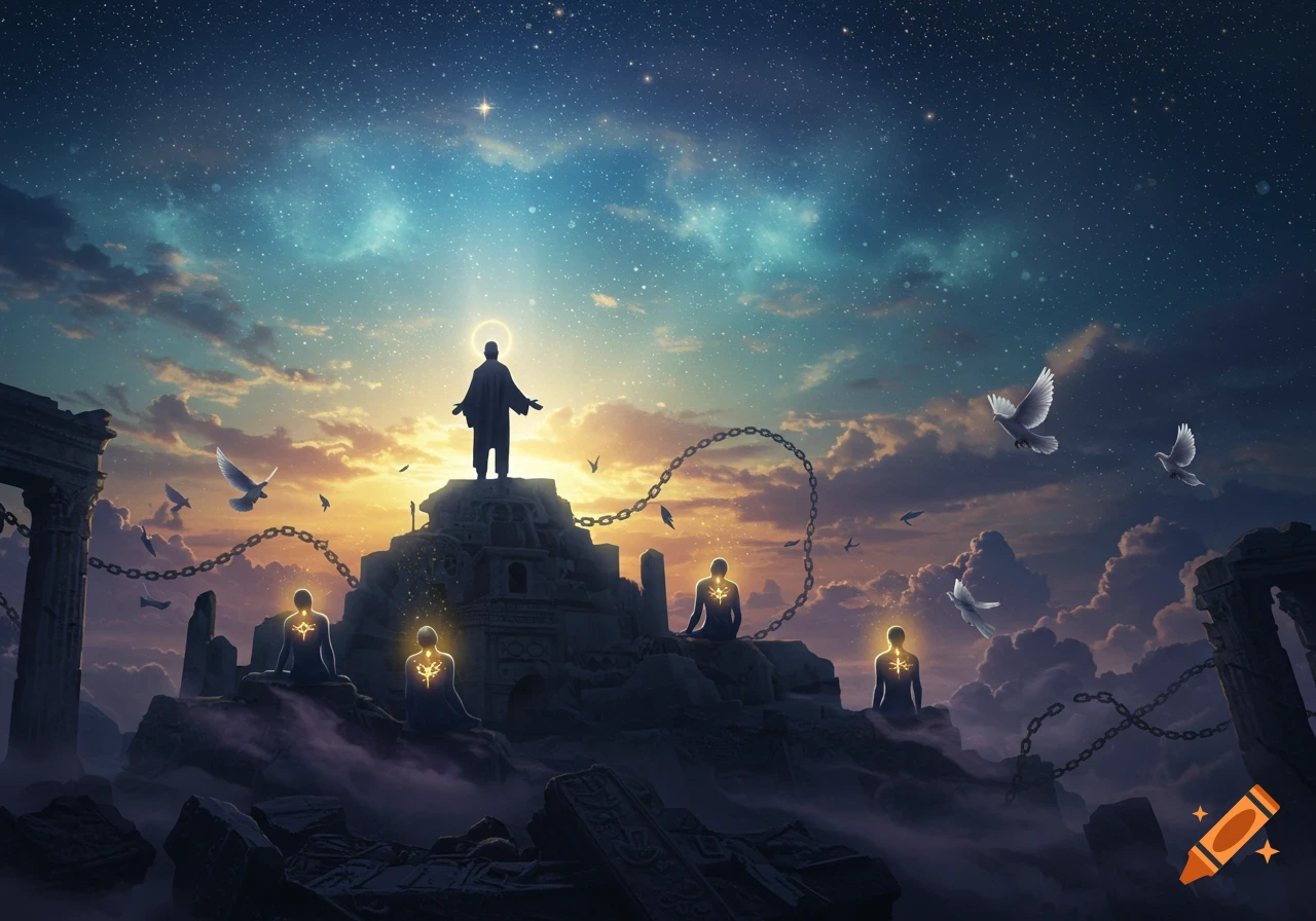 A central figure with a halo stands on a ruined structure under a starry sky with a bright light. Other figures with glowing symbols on their chests sit among ruins, with chains and doves in the scene.