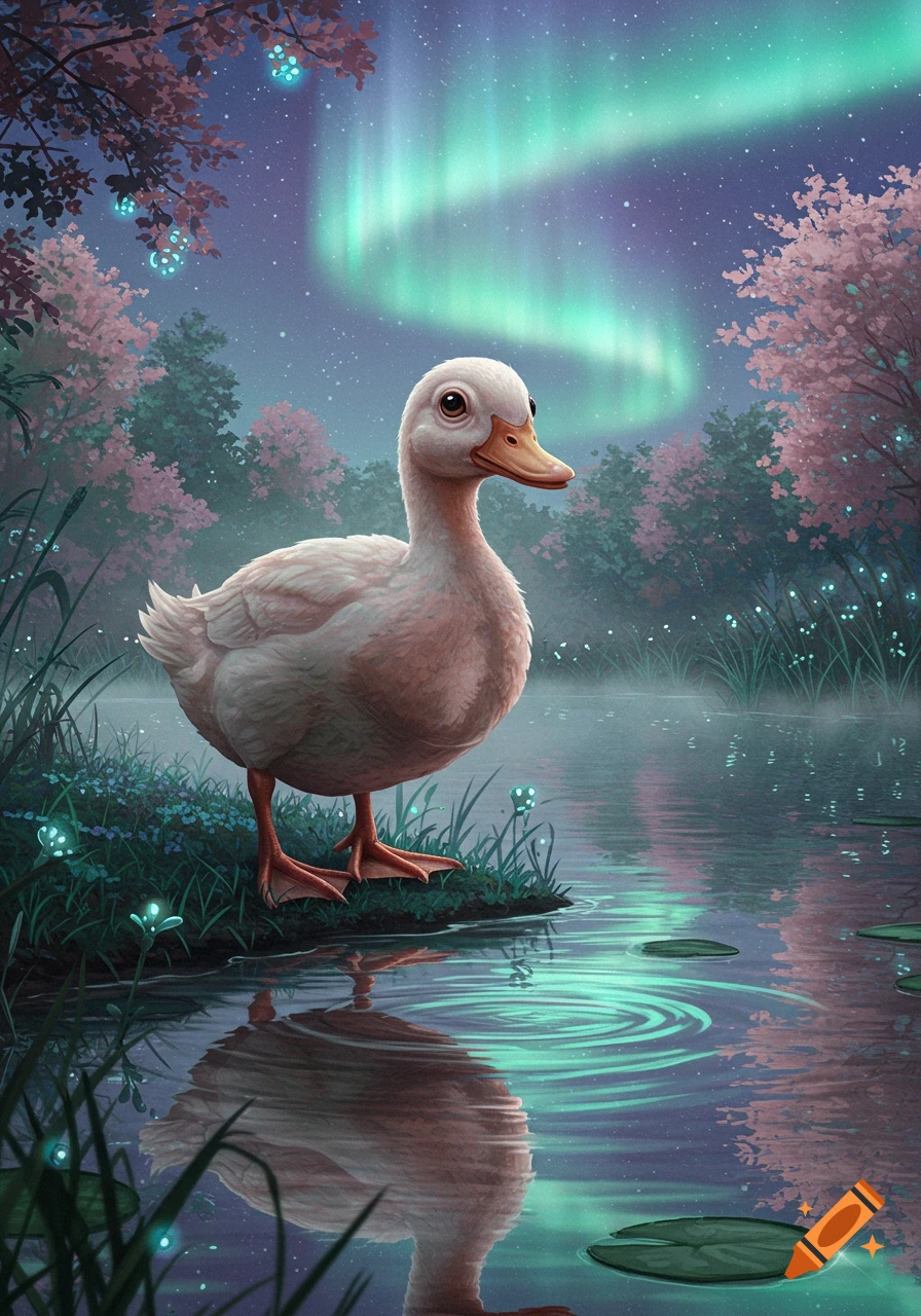 An illustrated duck stands by a pond at night under glowing northern lights, with sparkling plants and reflections in the water.