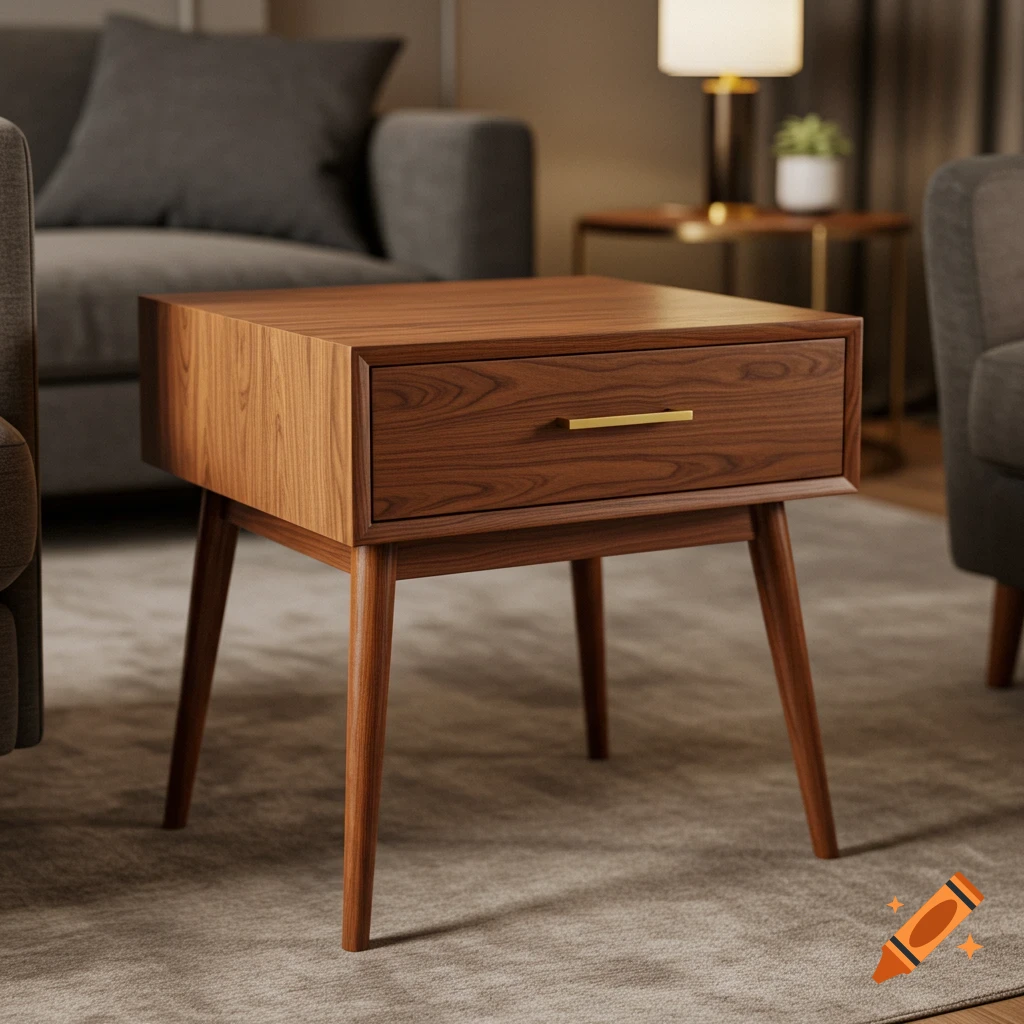 A photorealistic wooden end table with a single drawer and tapered legs in a modern living room.