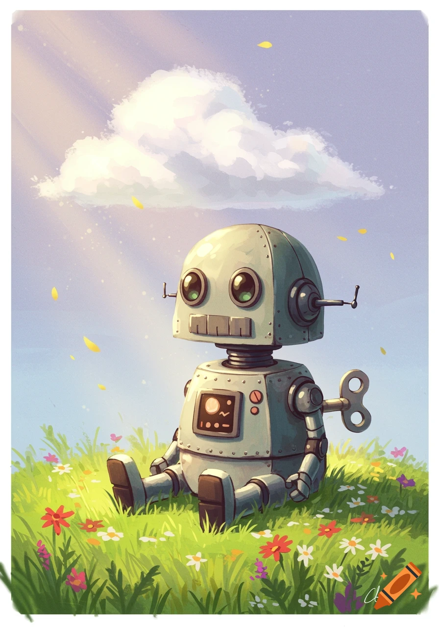 A cute, vintage-style robot with a winding key sits in a vibrant field of wildflowers under a bright sky with falling yellow petals. Digital illustration.
