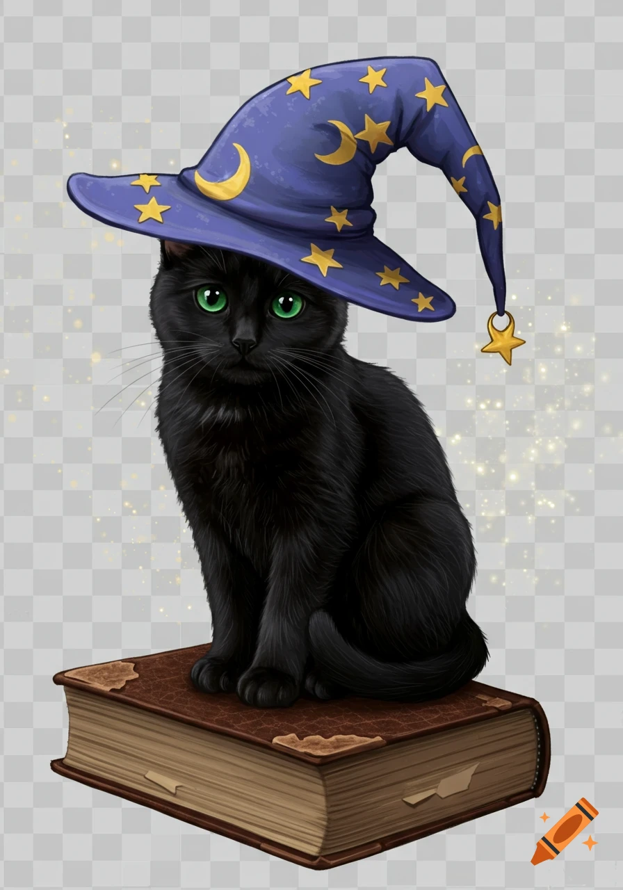 Black cat with green eyes wearing a blue wizard hat with stars and moons, sitting on a brown book. Transparent background.